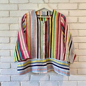 Alembika Colorful Striped Button Down Top Cotton Linen Blend Size Large